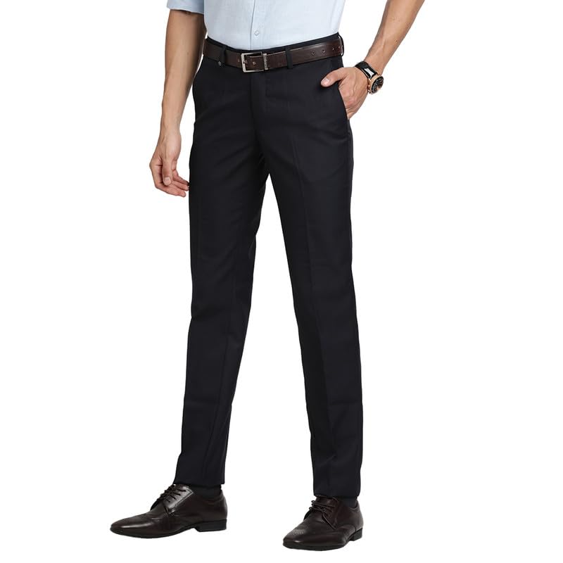 Turtle Men Poly Viscose Navy Blue Solid Slim Fit Formal Trouserss