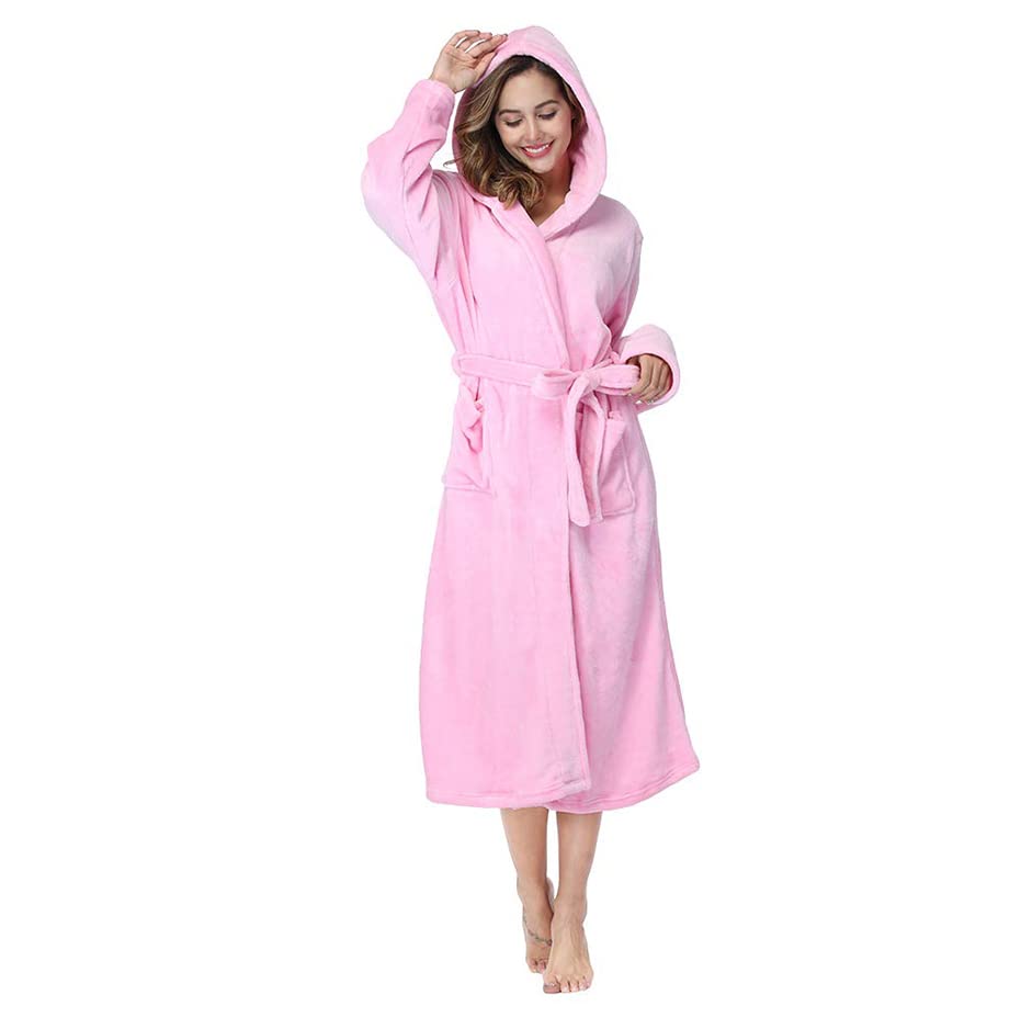 RONGTAI Womens Robes Plush Fleece Pink Hooded Bathrobe Thick Nightgown with Pockets Fluffy Sleepwear Small