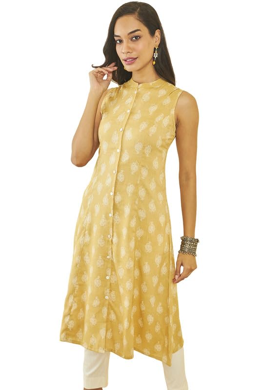 Soch Womens Mustard Rayon Self Print Kurta