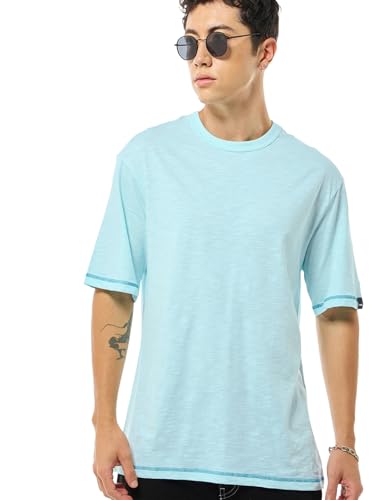 Bewakoof Air 1.0 Mens Solid Oversized Fit Half Sleeve Round Neck Cotton Slub T-Shirt_634344_Blue_2XL