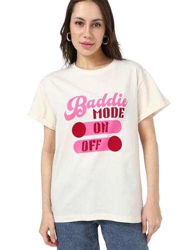 Bewakoof Womens Typography Print Boyfriend Fit Half Sleeve Round Neck Cotton Jersey T-Shirt_659687_Beige_XL
