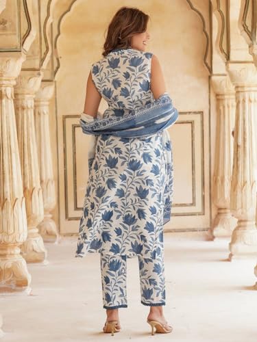 ANNI DESIGNER Womens Cotton Blend Printed Straight Kurta with Pant & Dupatta (Root White_3XL_White_XXX-Large)
