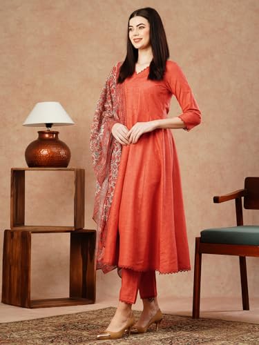 ANNI DESIGNER Womens Cotton Blend Anarkali Solid Kurta with Pant & Dupatta (UTSAV PEACH-FKA_S_Peach_Small)