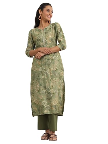 Libas Women'S Silk Blend Printed Straight Kurta (29477O_Green_Xxl)