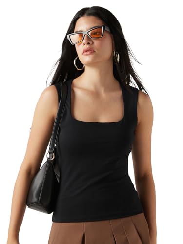 Bewakoof Womens Solid Slim Fit Sleeveless Square Neck Cotton Lycra Tank Top_647247_Black_M