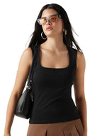 Bewakoof Womens Solid Slim Fit Sleeveless Square Neck Cotton Lycra Tank Top_647247_Black_M