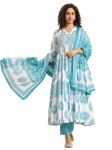 Blue Floral Printed Panelled Anarkali Kurta With Trouser And Dupatta