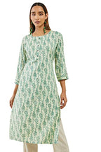 Green Rayon Kurta With Block Printed Patterns