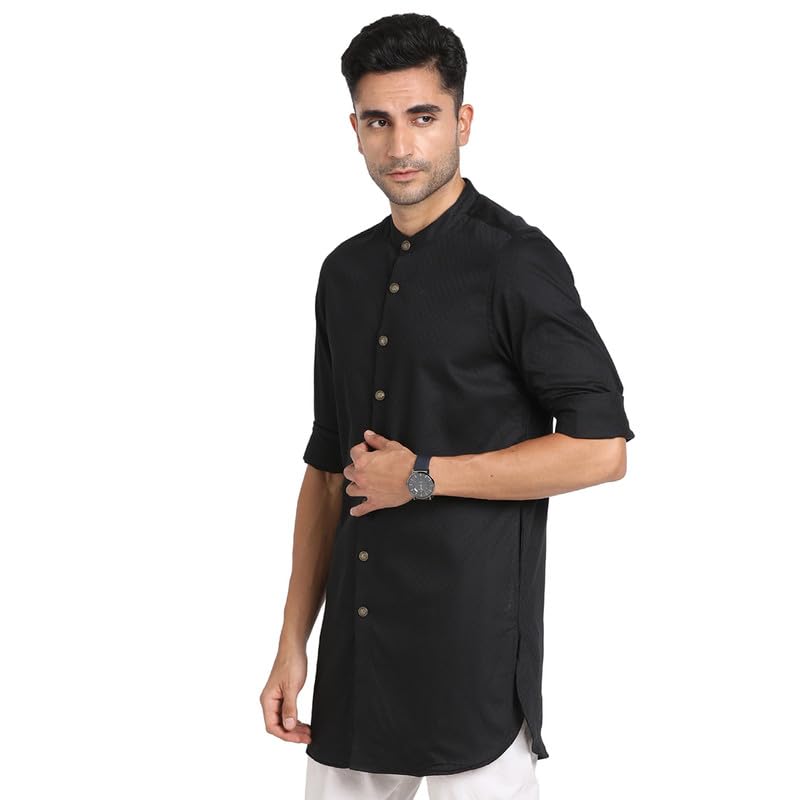 Turtle Men 100% Cotton Black Jacqard Print Slim Fit Ceremonial Kurta