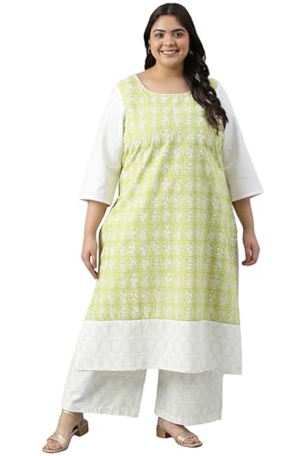 Plus Size Green Floral Printed Kurta With White Palazzo
