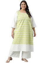 Plus Size Green Floral Printed Kurta With White Palazzo
