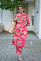 ANNI DESIGNER Women s Straight Printed Viscose Kurta with Trousers, Pink, 44