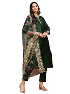 Ishin Green Thread Work Silk Crepe Straight Kurta With Trousers & Dupatta | Kurta Set For Women | Kurta With Trousers And Dupatt