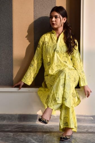 ANNI DESIGNER Womens Rayon Viscose Straight Printed Kurta with Palazzo (Canva YELLOW-VKS01_XL_Yellow_X-Large)