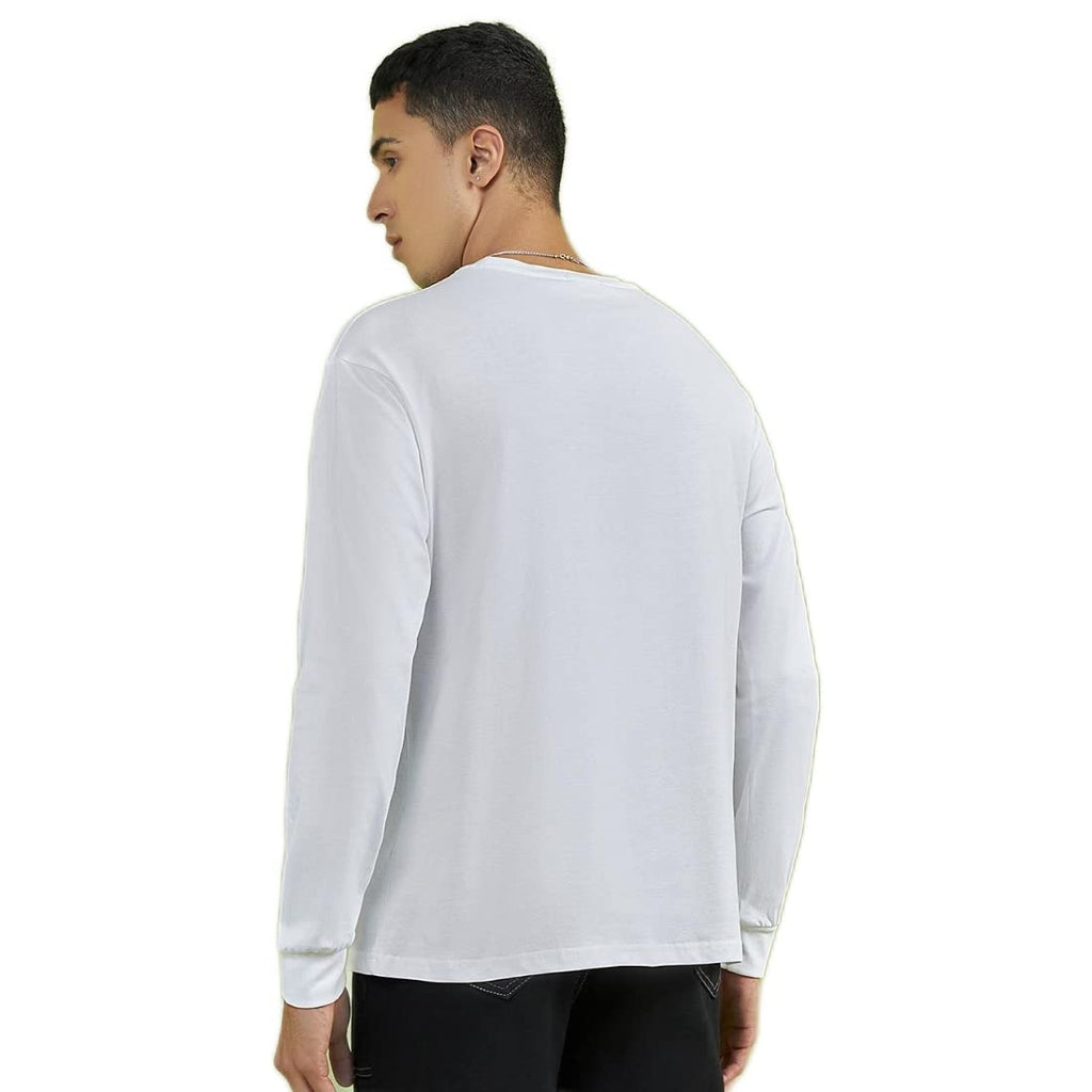Bewakoof Mens Solid White Round Neck Full Sleeve Oversized T-Shirt