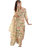 ANNI DESIGNER Womens Cotton Blend Printed Straight Kurta with Pant & Dupatta (Kumud Cream_S_Cream_Small)