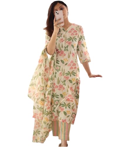 ANNI DESIGNER Womens Cotton Blend Printed Straight Kurta with Pant & Dupatta (Kumud Cream_S_Cream_Small)