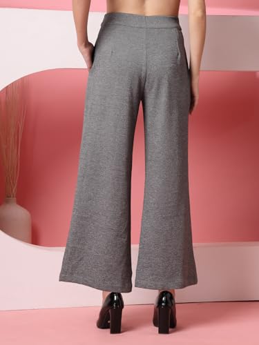 Womens Wide Leg Pants | Solid Grey Stretchable Polyester Trousers | Stylish Korean Clothing | Flared, Straight Fit, Baggy, and
