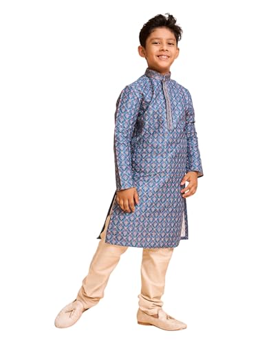 Manyavar Boys Art Silk Printed|Embroidery Kurta Pyjama Set (Teal Blue,3-4Y)
