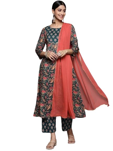 Varanga Women Teal Floral Printed Anarkali With Bottom And Dupatta