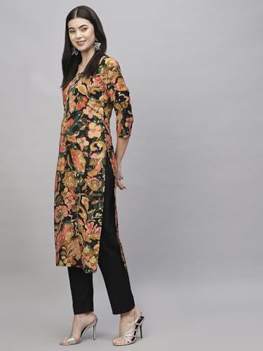 ANNI DESIGNER Womens Cotton Blend Straight Printed Kurta with Pant (Jabala Black-NW_M_Black_Medium)