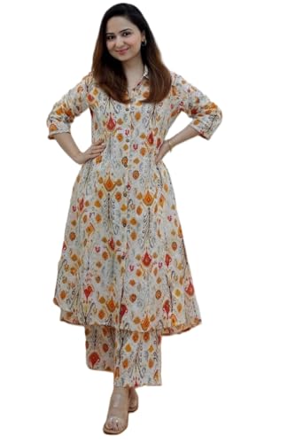 GRECIILOOKS Womens A-Line Rayon Regular Fit Kurta Set (Off-White, X-Large)