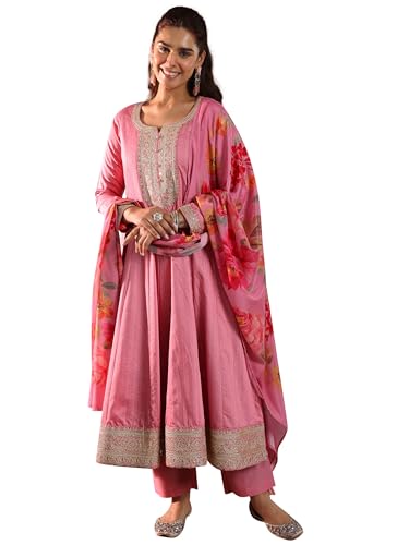 Pink Woven Design Anarkali Kurta With Printed Trouser And Floral Printed Dupatta