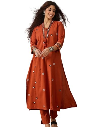Varanga Thread Embroidered Panelled Kurta Paired With A Pair Solid Trousers Rust