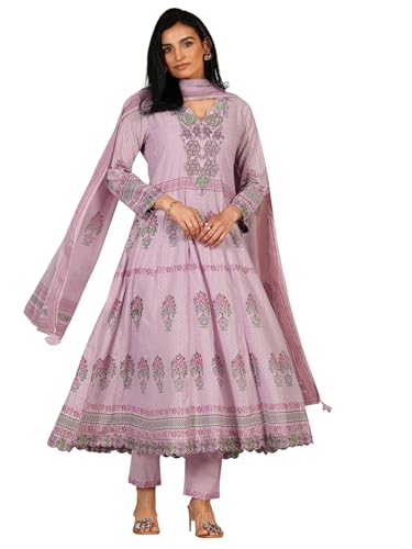 Libas Lavender Printed Cotton Blend Anarkali Kurta Set For Women (49762)