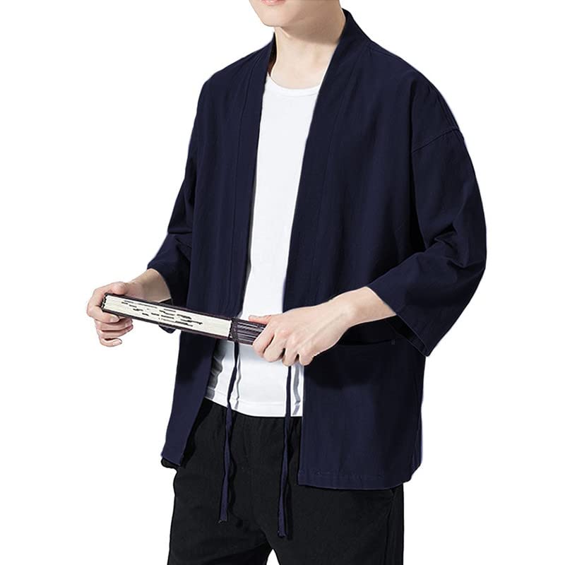 Haseil Men's Kimono Cardigan Japanese Jackets Casual Cotton 3/4 Sleeve Shirt Open Front Coat Lightweight Linen Yukata, Navy Blue