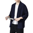 Haseil Men's Kimono Cardigan Japanese Jackets Casual Cotton 3/4 Sleeve Shirt Open Front Coat Lightweight Linen Yukata, Navy Blue
