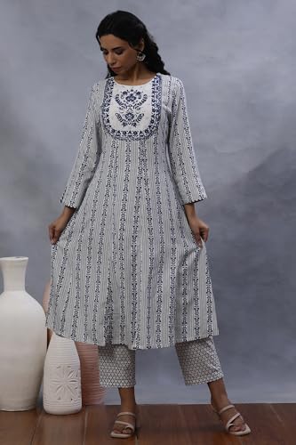 W For Woman W Women Blue Festive Floral Print Rayon Flared Kurta