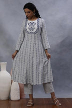 W For Woman W Women Blue Festive Floral Print Rayon Flared Kurta