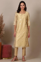 Beige Foil Printed Chanderi Straight Kurta