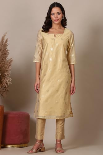 Beige Foil Printed Chanderi Straight Kurta