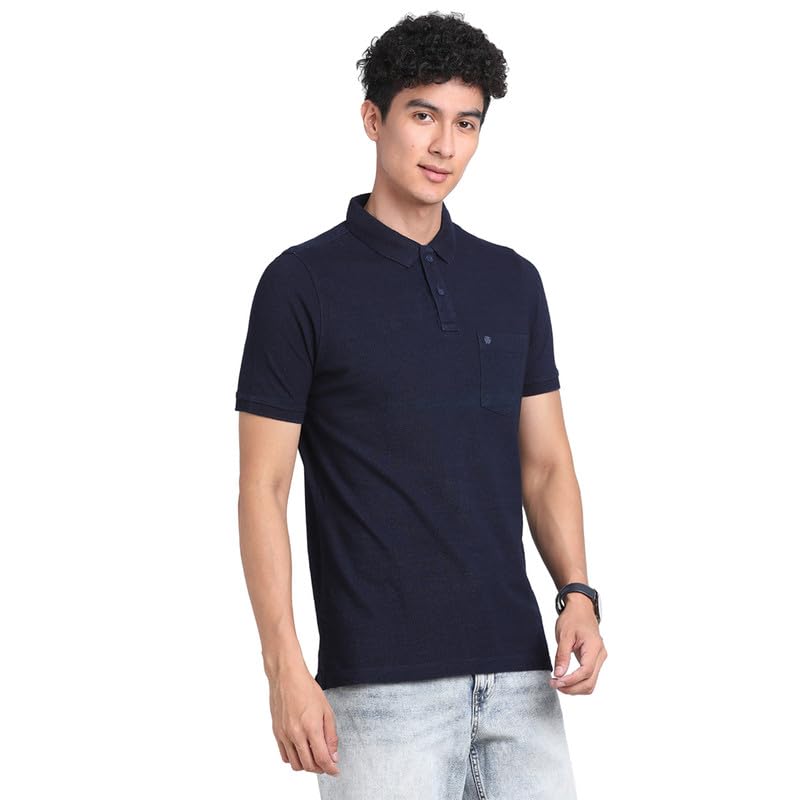 Turtle Men 100% Cotton Navy Blue Striped Polo Neck Half Sleeve Casual T-Shirt