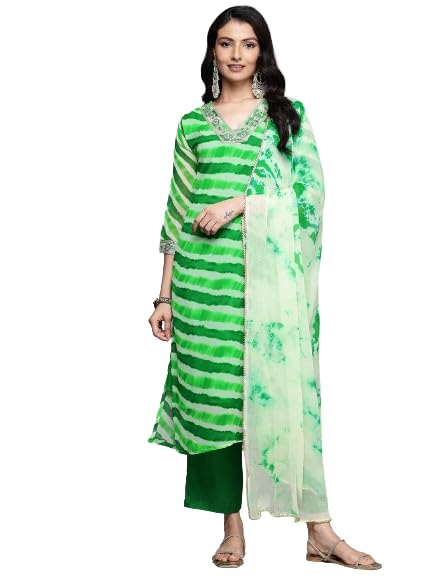 VARANGA Women Green Leheriya Zari And Sequins Embroidered Kurta Set With Dupatta