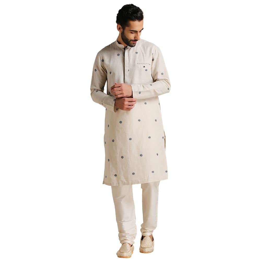 Manyavar Linen Solid Regular Kurta for Men (ML12076-303_Beige