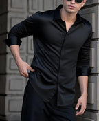 Indoprimo MenS Casual Button Down Long Sleeve Satin Plain Shirt Black