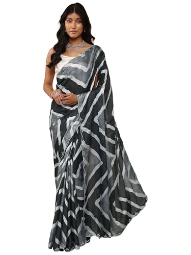 Black Leheriya Printed Satin Saree With Unstitched Blouse Piece