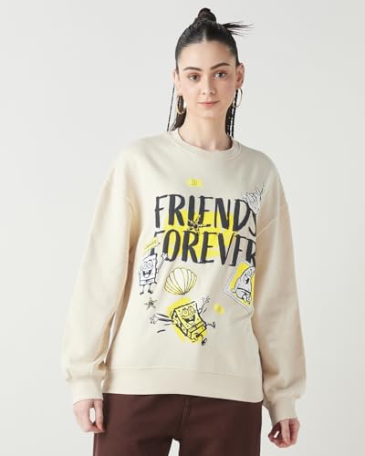 Bewakoof Official Spongebob Merchandise Womens Graphic Printed Oversized Fit Full Sleeve Round Neck Fleece Sweatshirt_649675_Be