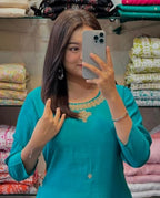 ANNI DESIGNER Women s Straight Embroidered Rayon Blend Kurta with Pants, Sky blue, 44