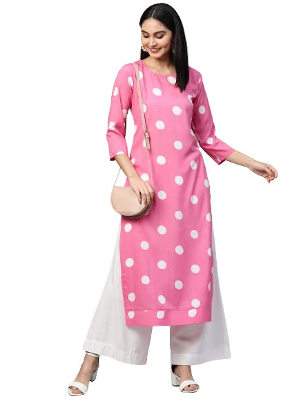 ANNI DESIGNER Womens Crepe Traditional Straight Printed Kurta (Dots-Pink-28_XXL_Pink_XX-Large)