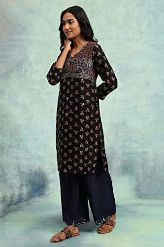W For Woman Black Ajrakh Print Lustrous Satin Kurta