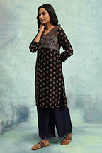 W For Woman Black Ajrakh Print Lustrous Satin Kurta