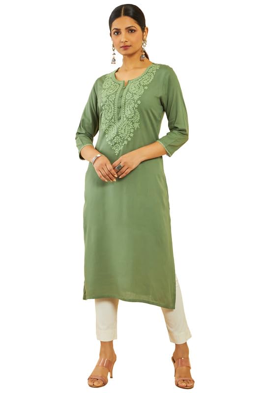 Soch Womens Earth Rayon Paisley Embroidered Straight Kurta