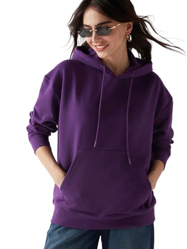 Bewakoof Womens Solid Oversized Fit Full Sleeve Fleece Blend Hoodies_640994_Purple_L