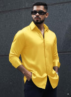 Indoprimo MenS Stylish Solid Satin Casual Shirt For Men Full Sleeve Yellow