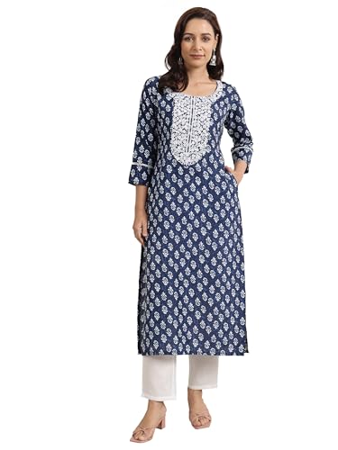 Libas WomenS Silk Blend Ethnic Motifs Straight Kurta (98029O_Indigo_Xxl)