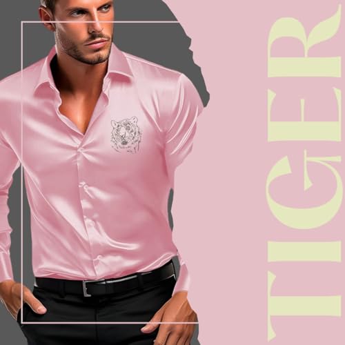 Indoprimo MenS Satin Stylish Club Wear Tiger Diamond Print Shirt Full Sleeve Peach